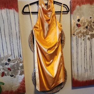 Gianni Bini Halter Satin Dress in Rich Gold